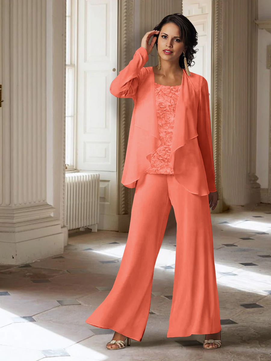 Long-Sleeve Chiffon Pantsuit with Jacket for the Mother of the Bride-LLELLA