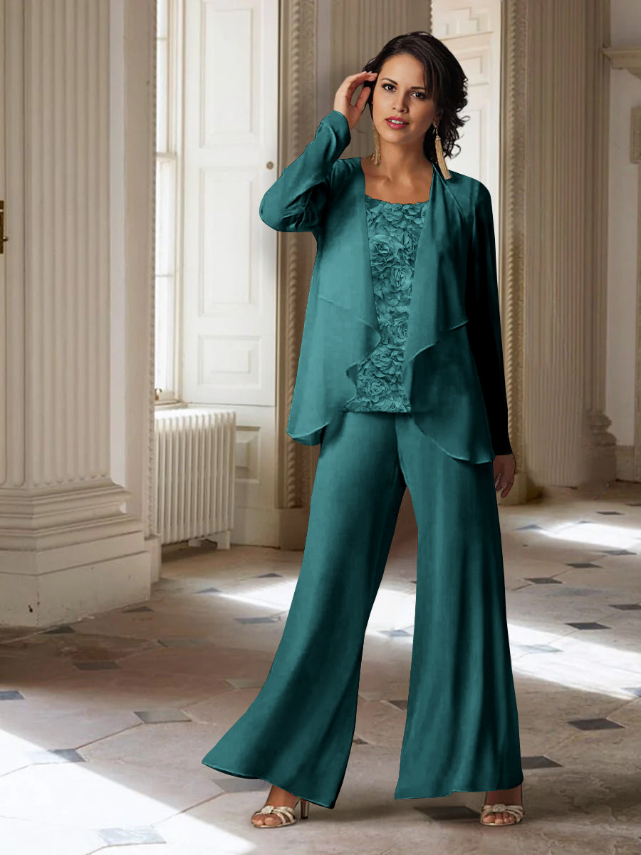 Long-Sleeve Chiffon Pantsuit with Jacket for the Mother of the Bride-LLELLA