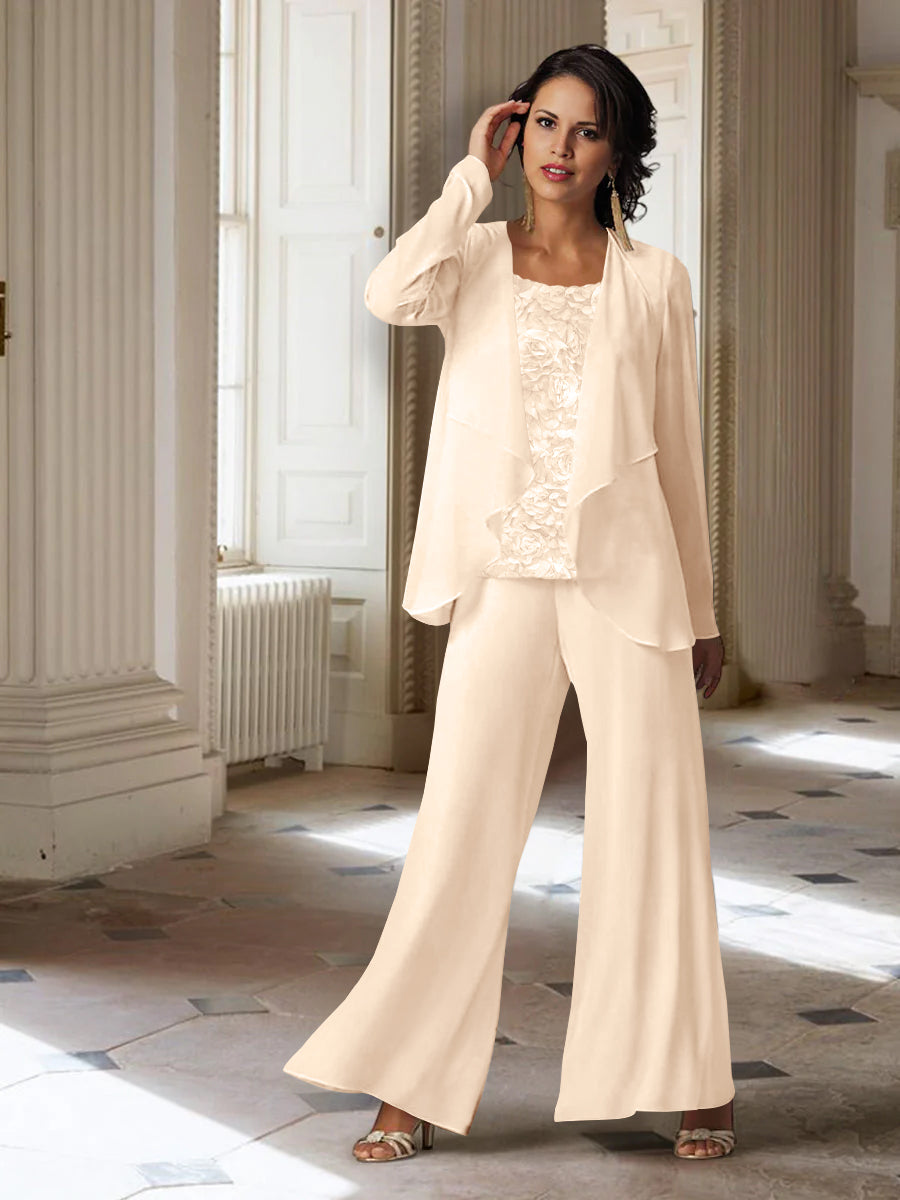 Long-Sleeve Chiffon Pantsuit with Jacket for the Mother of the Bride-LLELLA