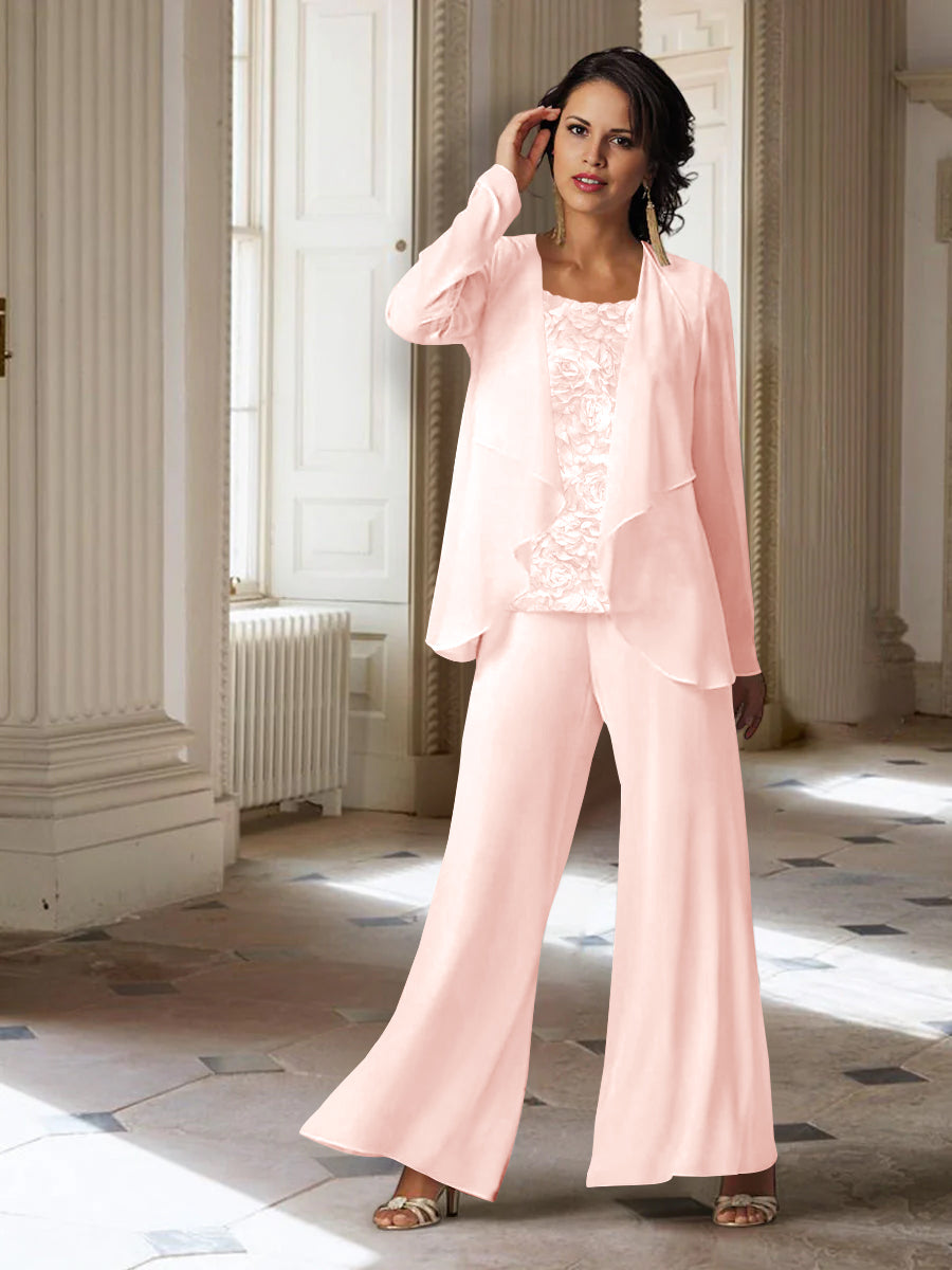 Long-Sleeve Chiffon Pantsuit with Jacket for the Mother of the Bride-LLELLA