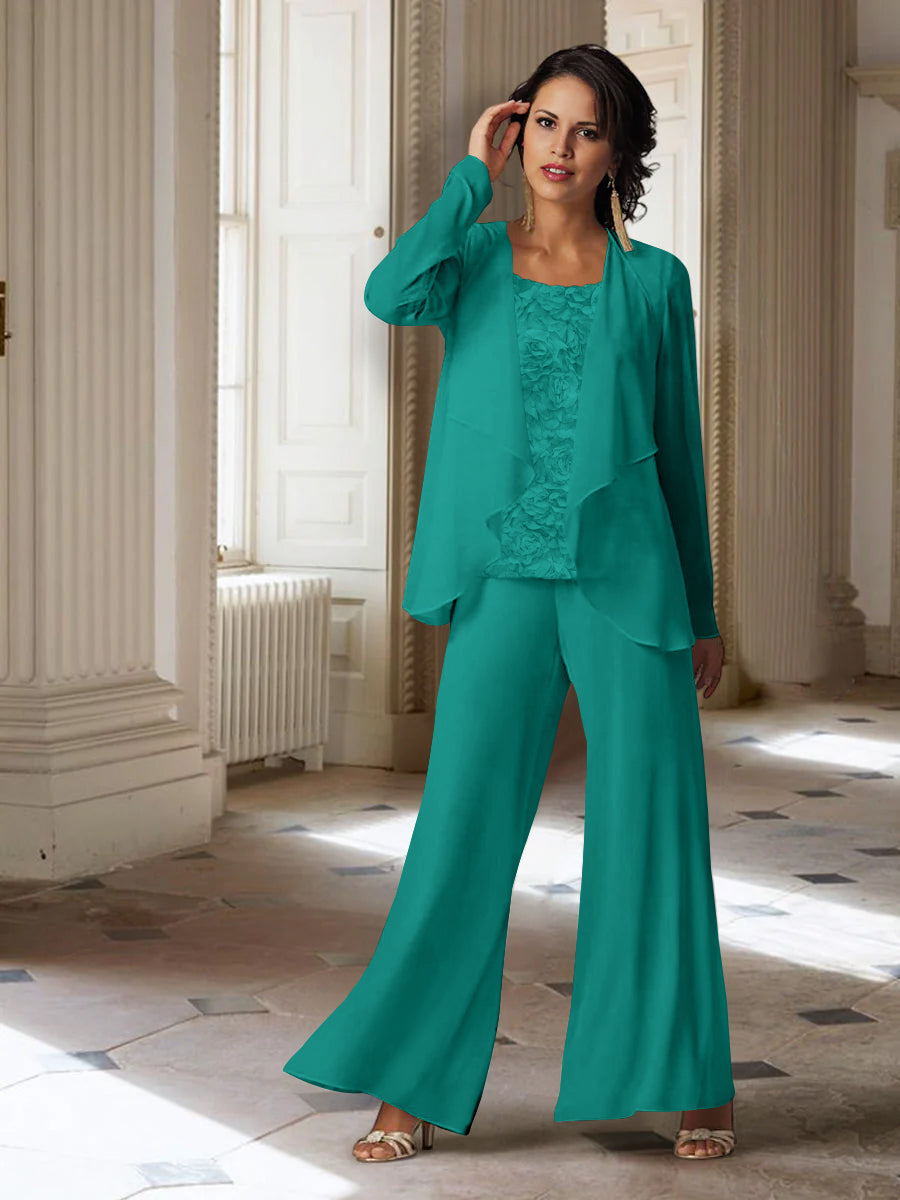 Long-Sleeve Chiffon Pantsuit with Jacket for the Mother of the Bride-LLELLA