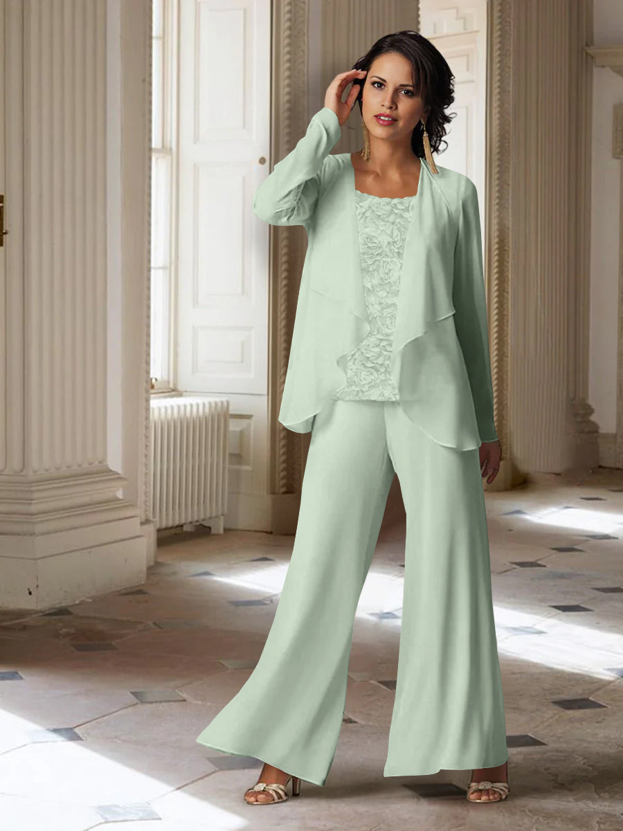 Long-Sleeve Chiffon Pantsuit with Jacket for the Mother of the Bride-LLELLA