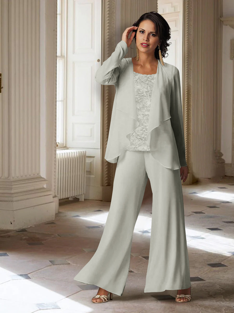 Long-Sleeve Chiffon Pantsuit with Jacket for the Mother of the Bride-LLELLA