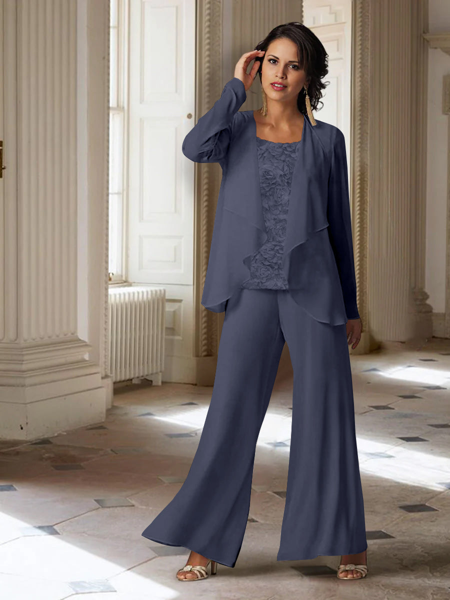 Long-Sleeve Chiffon Pantsuit with Jacket for the Mother of the Bride-LLELLA