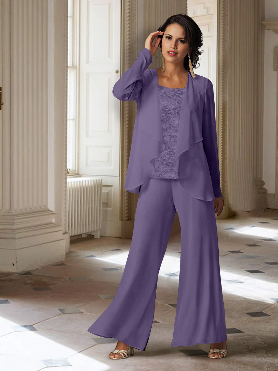 Long-Sleeve Chiffon Pantsuit with Jacket for the Mother of the Bride-LLELLA
