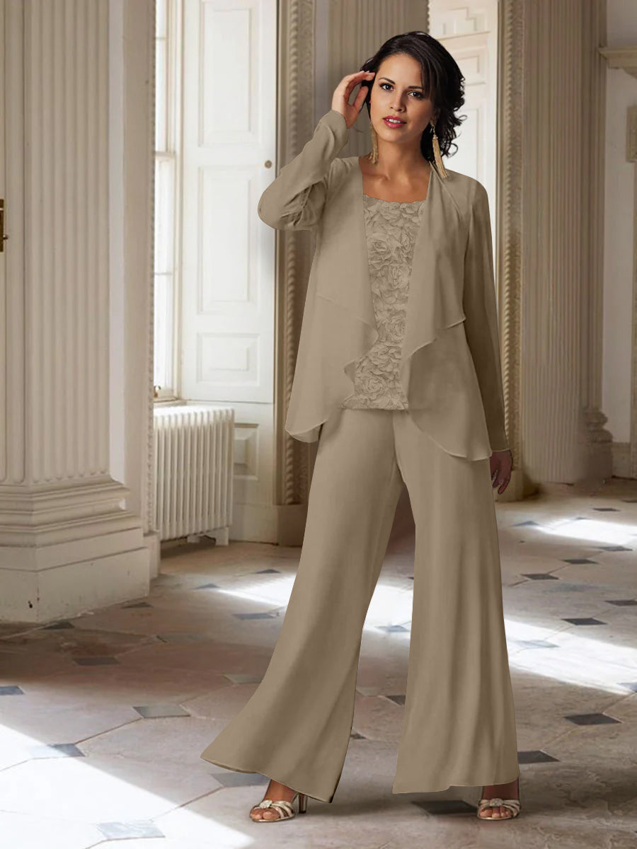 Long-Sleeve Chiffon Pantsuit with Jacket for the Mother of the Bride-LLELLA