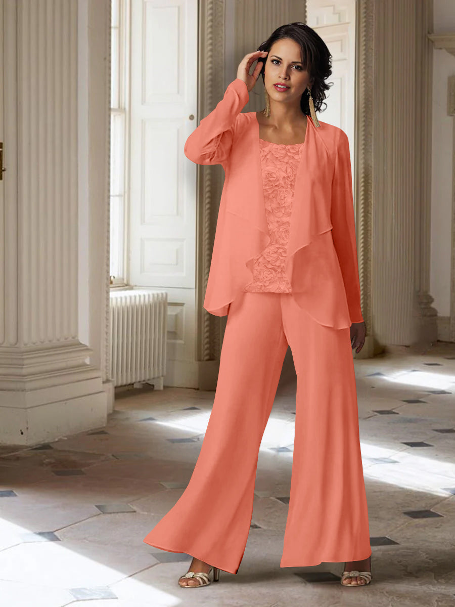 Long-Sleeve Chiffon Pantsuit with Jacket for the Mother of the Bride-LLELLA