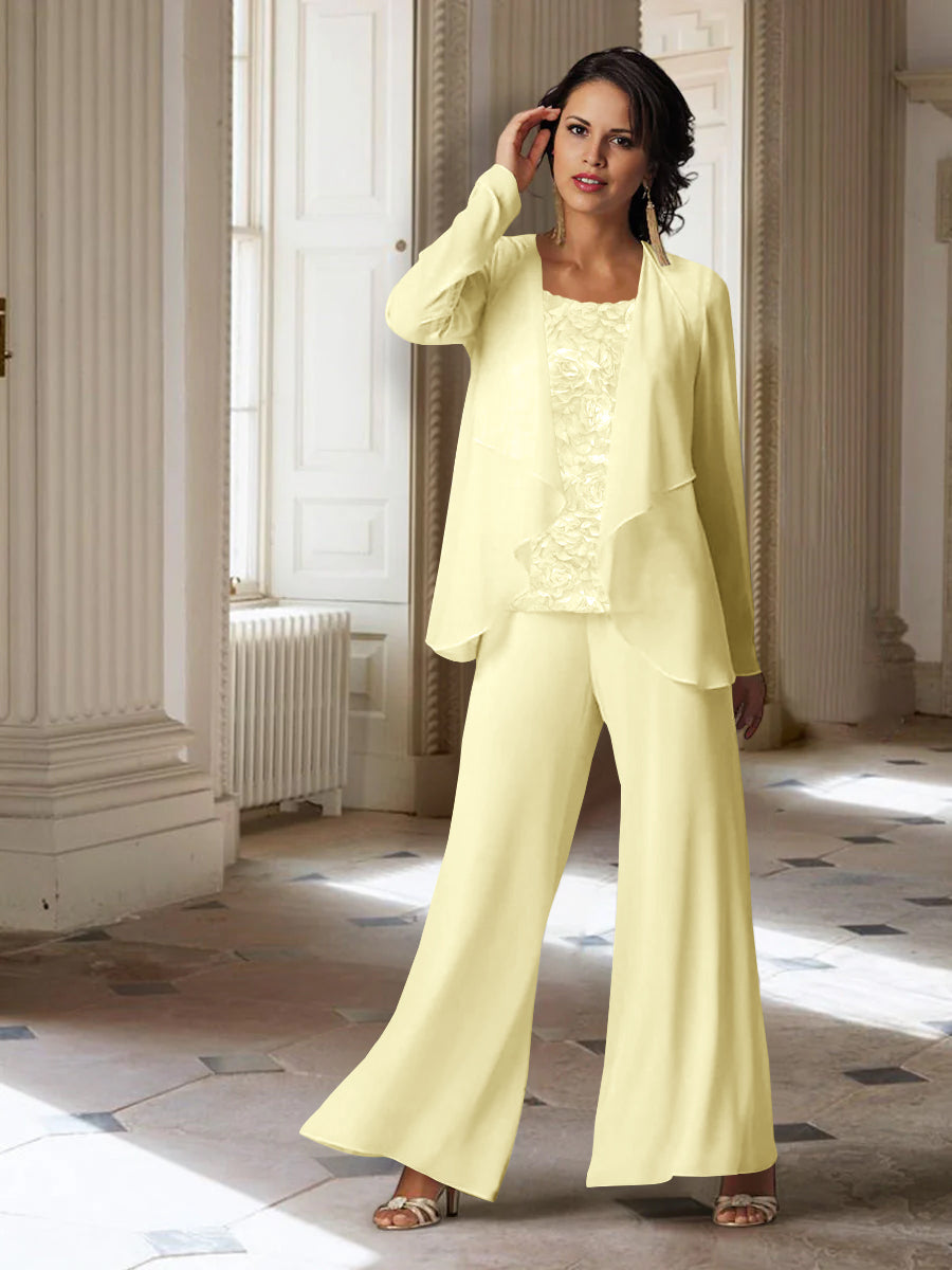 Long-Sleeve Chiffon Pantsuit with Jacket for the Mother of the Bride-LLELLA