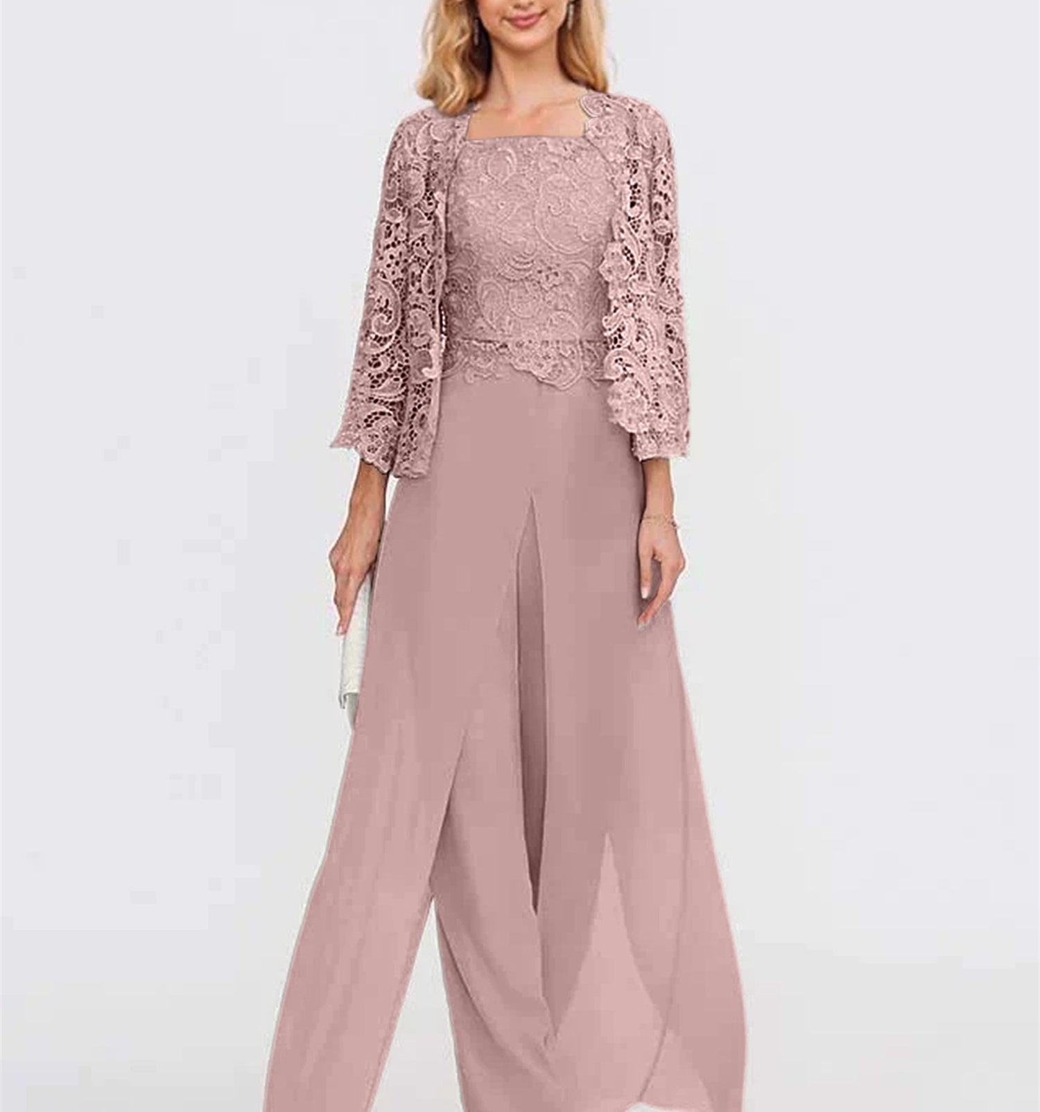 Floor-Length Square Neck Chiffon Mother of the Bride Pantsuit with Jacket & Side Split-LLELLA