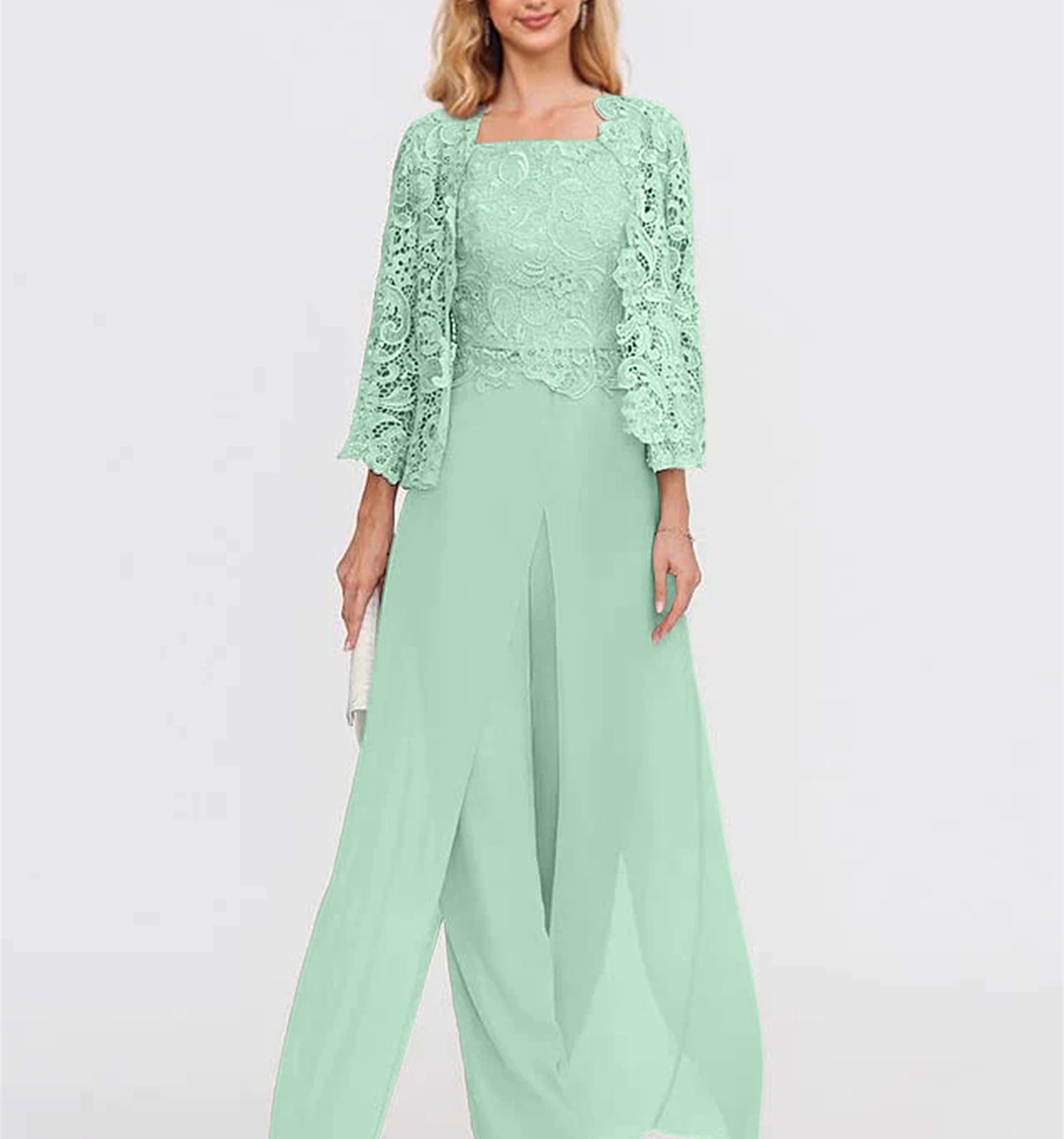 Floor-Length Square Neck Chiffon Mother of the Bride Pantsuit with Jacket & Side Split-LLELLA
