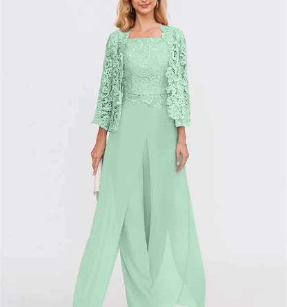 Floor-Length Square Neck Chiffon Mother of the Bride Pantsuit with Jacket & Side Split-LLELLA