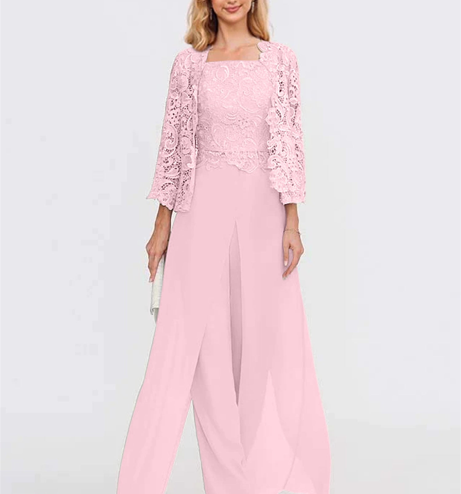 Floor-Length Square Neck Chiffon Mother of the Bride Pantsuit with Jacket & Side Split-LLELLA