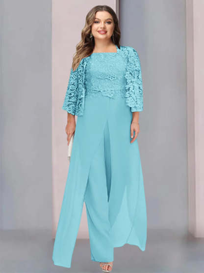 Plus Size Floor-Length Chiffon Pantsuit for the Mother of the Bride with Square Neck and Side Split-LLELLA