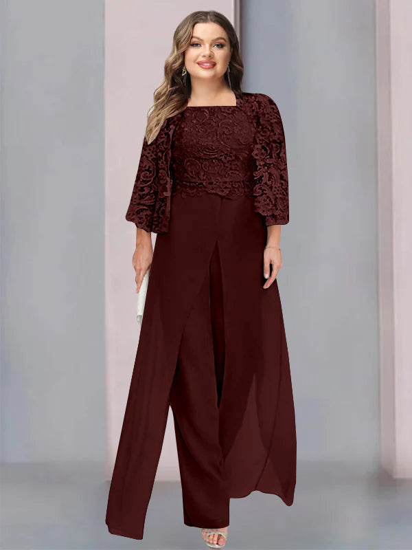 Plus Size Floor-Length Chiffon Pantsuit for the Mother of the Bride with Square Neck and Side Split-LLELLA