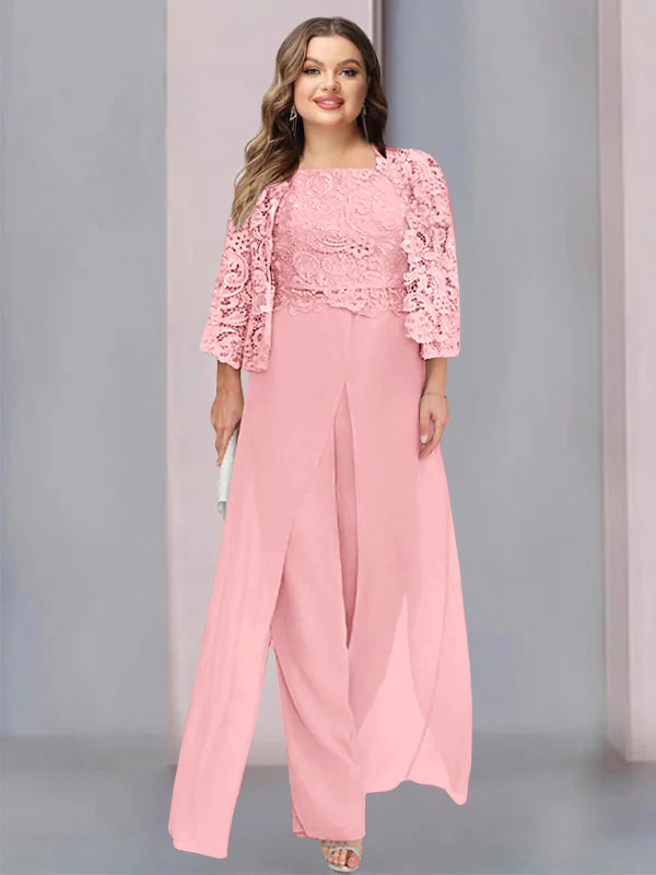 Plus Size Floor-Length Chiffon Pantsuit for the Mother of the Bride with Square Neck and Side Split-LLELLA