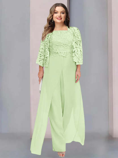Plus Size Floor-Length Chiffon Pantsuit for the Mother of the Bride with Square Neck and Side Split-LLELLA