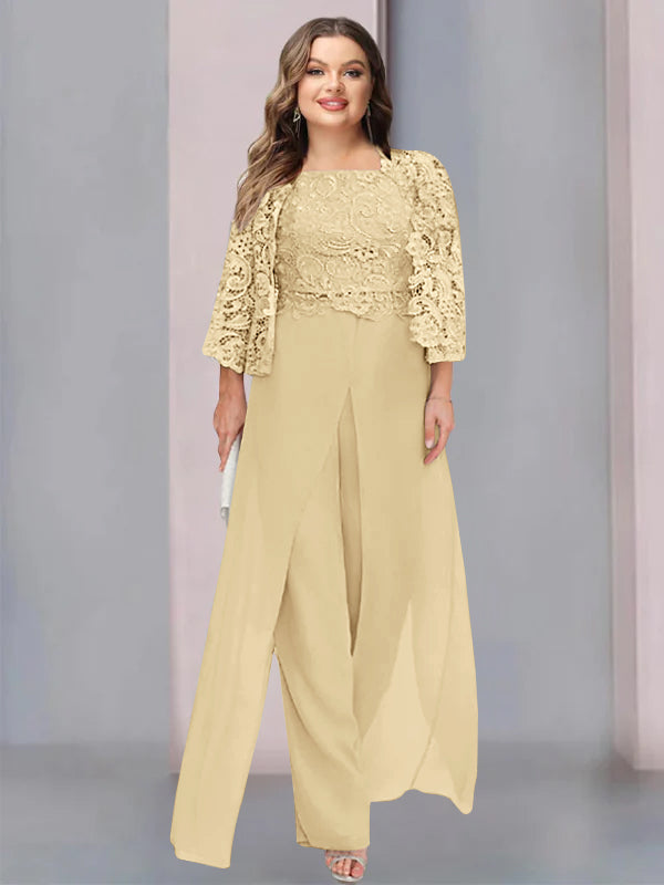 Plus Size Floor-Length Chiffon Pantsuit for the Mother of the Bride with Square Neck and Side Split-LLELLA