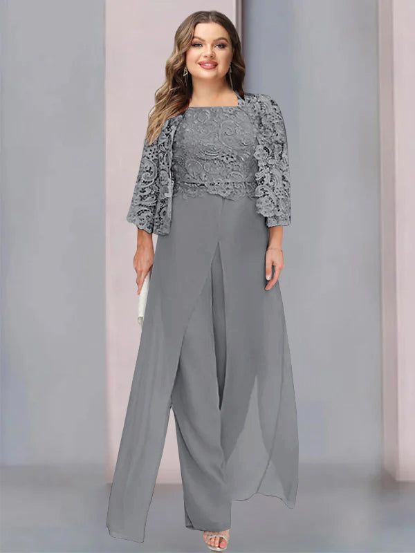 Plus Size Floor-Length Chiffon Pantsuit for the Mother of the Bride with Square Neck and Side Split-LLELLA