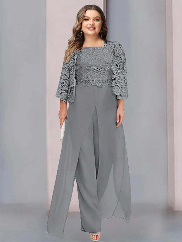 Plus Size Floor-Length Chiffon Pantsuit for the Mother of the Bride with Square Neck and Side Split-LLELLA