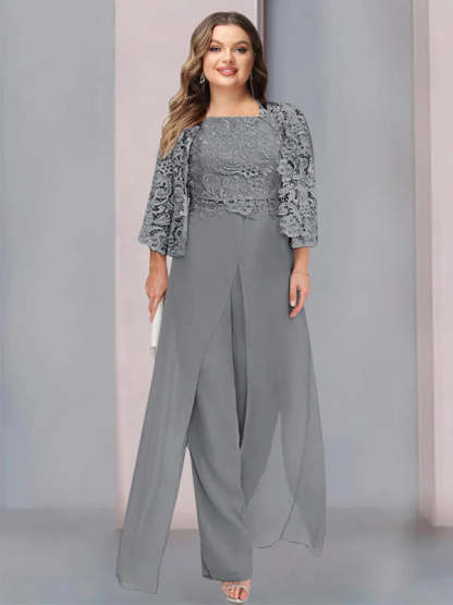 Plus Size Floor-Length Chiffon Pantsuit for the Mother of the Bride with Square Neck and Side Split-LLELLA