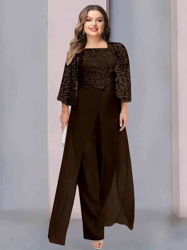 Plus Size Floor-Length Chiffon Pantsuit for the Mother of the Bride with Square Neck and Side Split-LLELLA