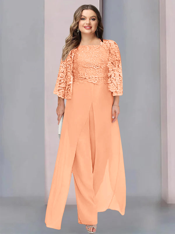 Plus Size Floor-Length Chiffon Pantsuit for the Mother of the Bride with Square Neck and Side Split-LLELLA