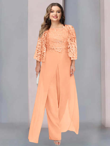 Plus Size Floor-Length Chiffon Pantsuit for the Mother of the Bride with Square Neck and Side Split-LLELLA