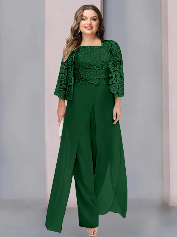 Plus Size Floor-Length Chiffon Pantsuit for the Mother of the Bride with Square Neck and Side Split-LLELLA