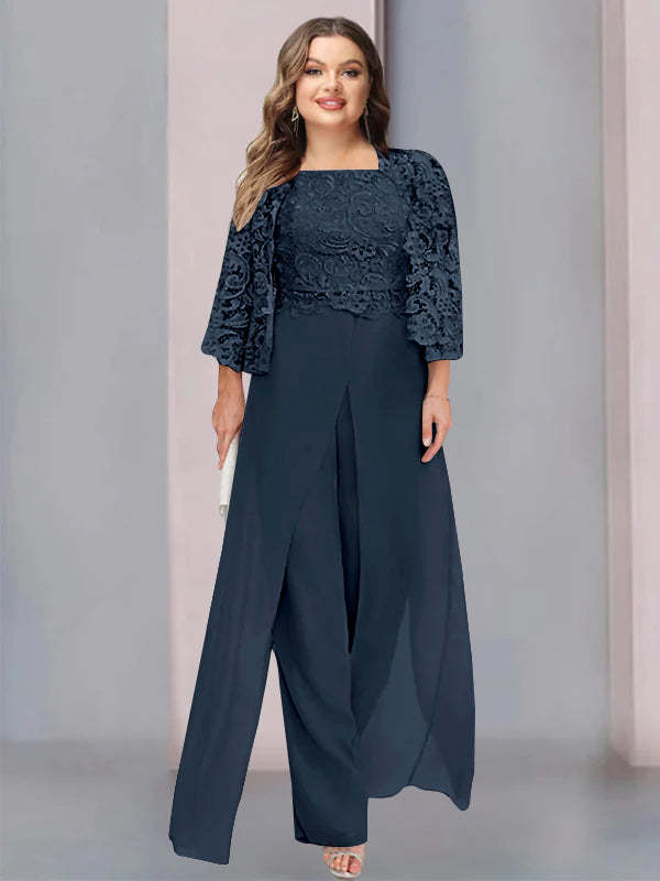 Plus Size Floor-Length Chiffon Pantsuit for the Mother of the Bride with Square Neck and Side Split-LLELLA
