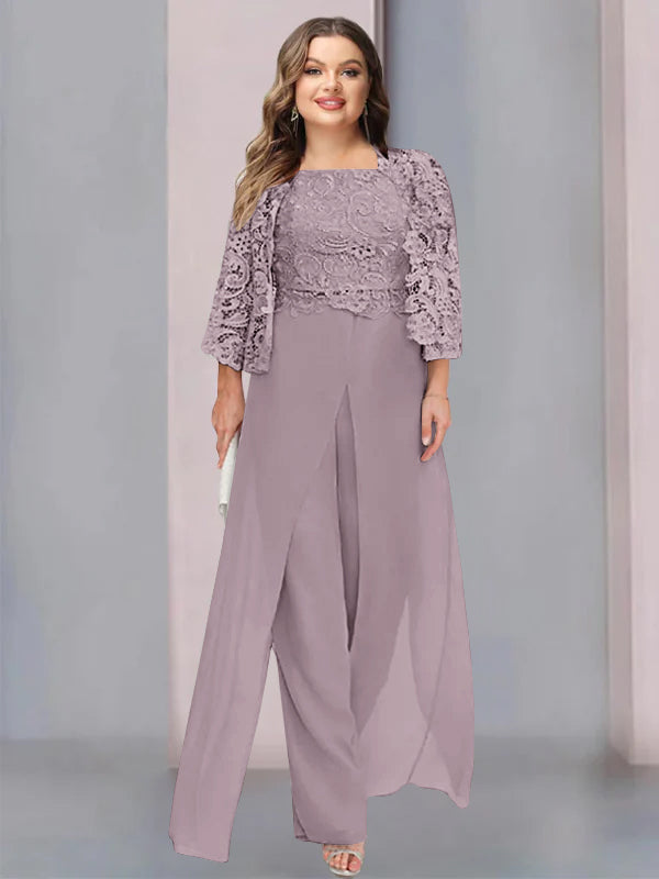 Plus Size Floor-Length Chiffon Pantsuit for the Mother of the Bride with Square Neck and Side Split-LLELLA