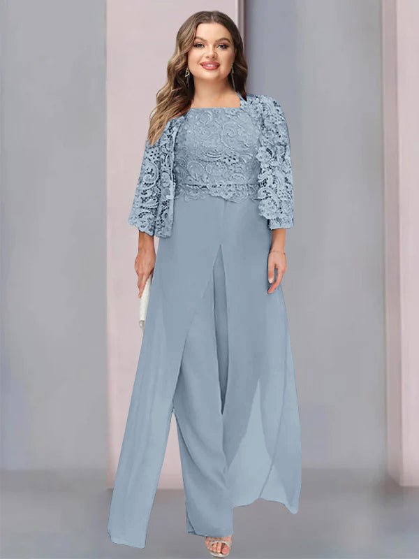 Plus Size Floor-Length Chiffon Pantsuit for the Mother of the Bride with Square Neck and Side Split-LLELLA