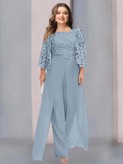 Plus Size Floor-Length Chiffon Pantsuit for the Mother of the Bride with Square Neck and Side Split-LLELLA