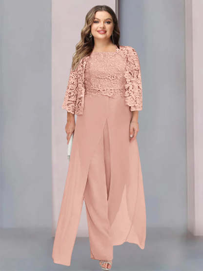 Plus Size Floor-Length Chiffon Pantsuit for the Mother of the Bride with Square Neck and Side Split-LLELLA
