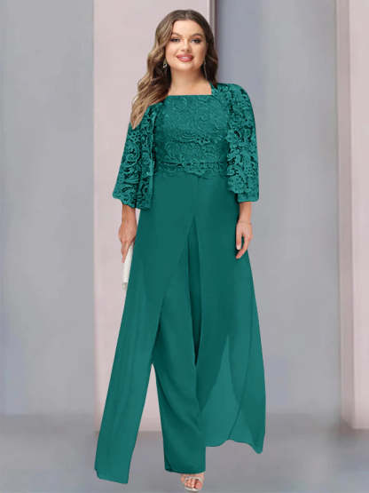 Plus Size Floor-Length Chiffon Pantsuit for the Mother of the Bride with Square Neck and Side Split-LLELLA