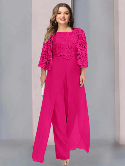 Plus Size Floor-Length Chiffon Pantsuit for the Mother of the Bride with Square Neck and Side Split-LLELLA