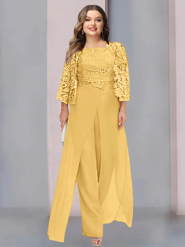Plus Size Floor-Length Chiffon Pantsuit for the Mother of the Bride with Square Neck and Side Split-LLELLA