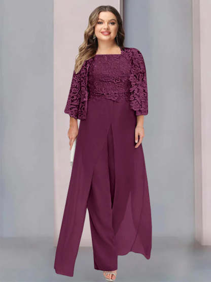 Plus Size Floor-Length Chiffon Pantsuit for the Mother of the Bride with Square Neck and Side Split-LLELLA