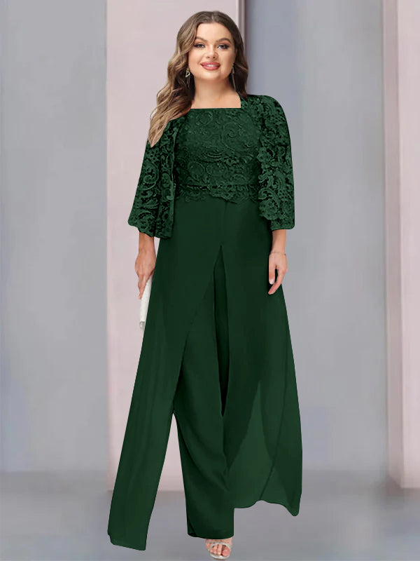 Plus Size Floor-Length Chiffon Pantsuit for the Mother of the Bride with Square Neck and Side Split-LLELLA