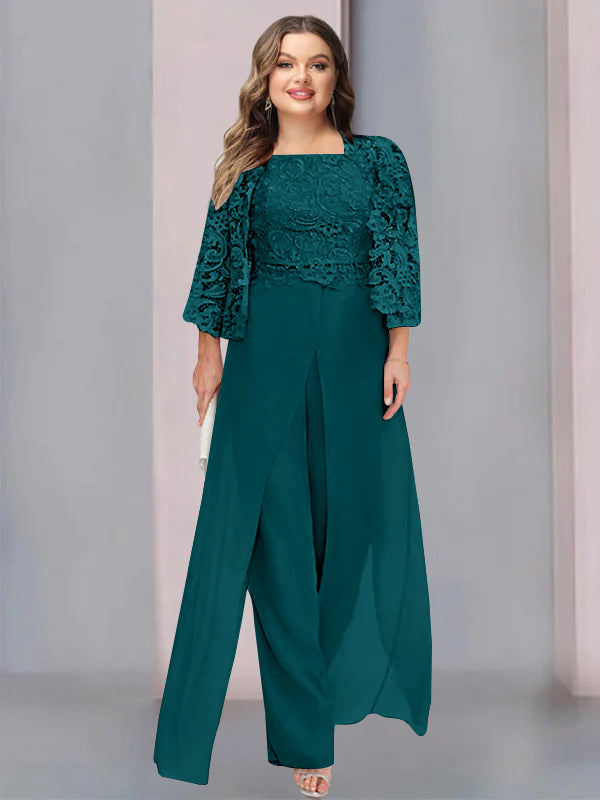 Plus Size Floor-Length Chiffon Pantsuit for the Mother of the Bride with Square Neck and Side Split-LLELLA