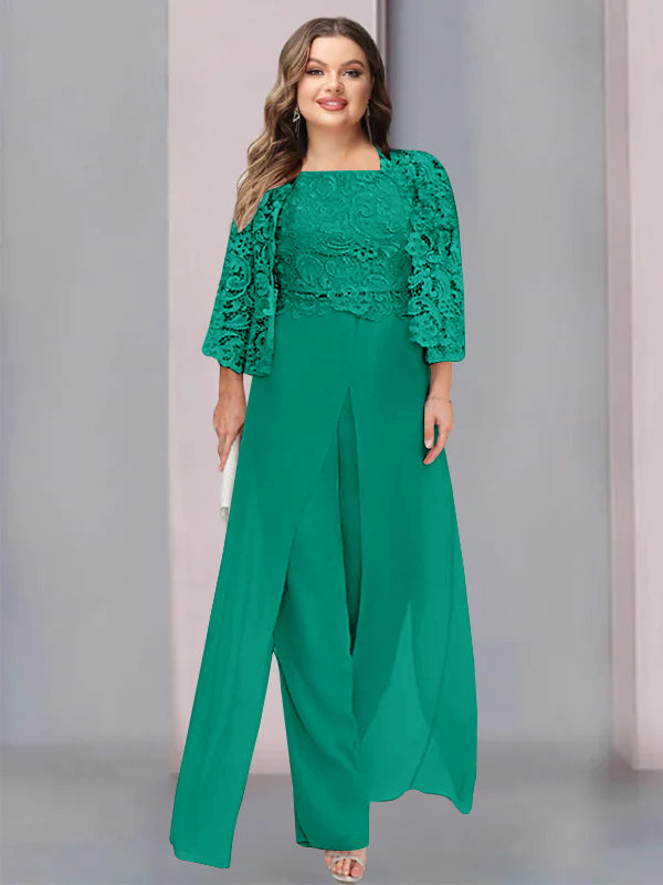 Plus Size Floor-Length Chiffon Pantsuit for the Mother of the Bride with Square Neck and Side Split-LLELLA