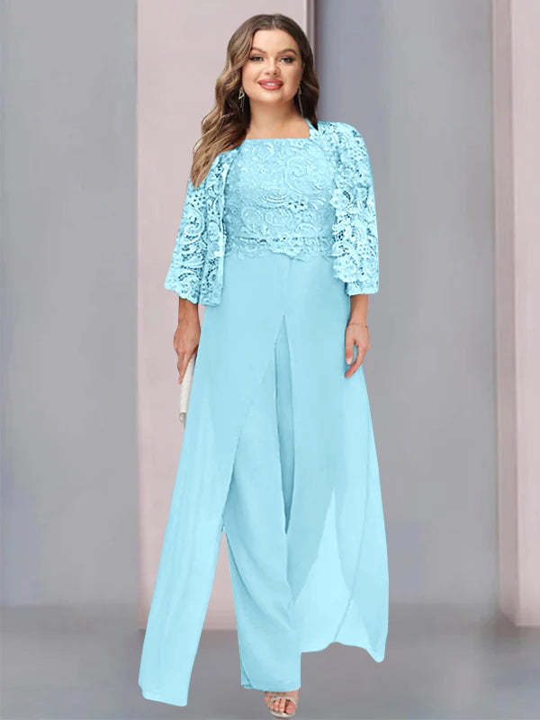 Plus Size Floor-Length Chiffon Pantsuit for the Mother of the Bride with Square Neck and Side Split-LLELLA