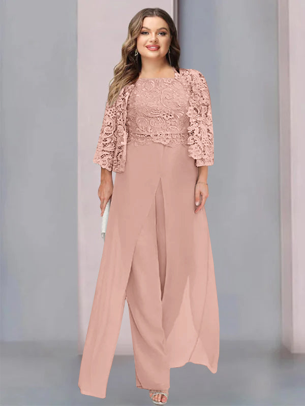 Plus Size Floor-Length Chiffon Pantsuit for the Mother of the Bride with Square Neck and Side Split-LLELLA