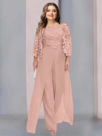 Plus Size Floor-Length Chiffon Pantsuit for the Mother of the Bride with Square Neck and Side Split-LLELLA