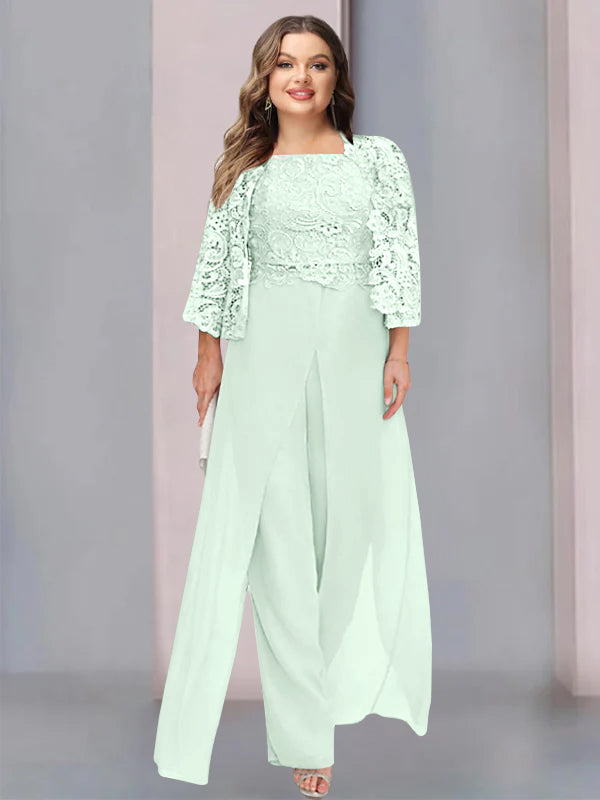 Plus Size Floor-Length Chiffon Pantsuit for the Mother of the Bride with Square Neck and Side Split-LLELLA