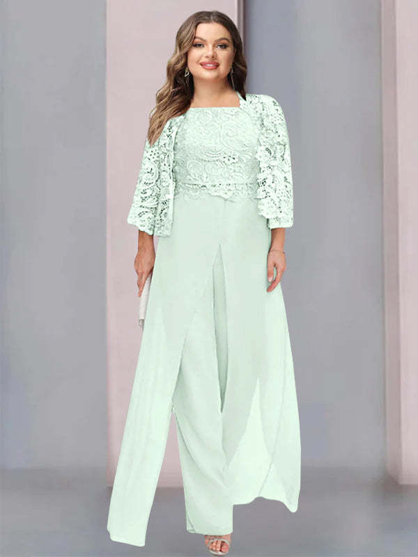 Plus Size Floor-Length Chiffon Pantsuit for the Mother of the Bride with Square Neck and Side Split-LLELLA