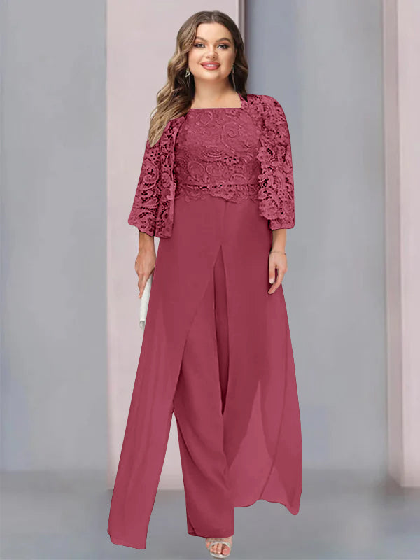Plus Size Floor-Length Chiffon Pantsuit for the Mother of the Bride with Square Neck and Side Split-LLELLA