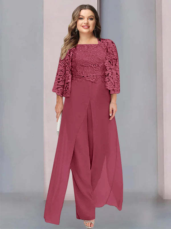 Plus Size Floor-Length Chiffon Pantsuit for the Mother of the Bride with Square Neck and Side Split-LLELLA