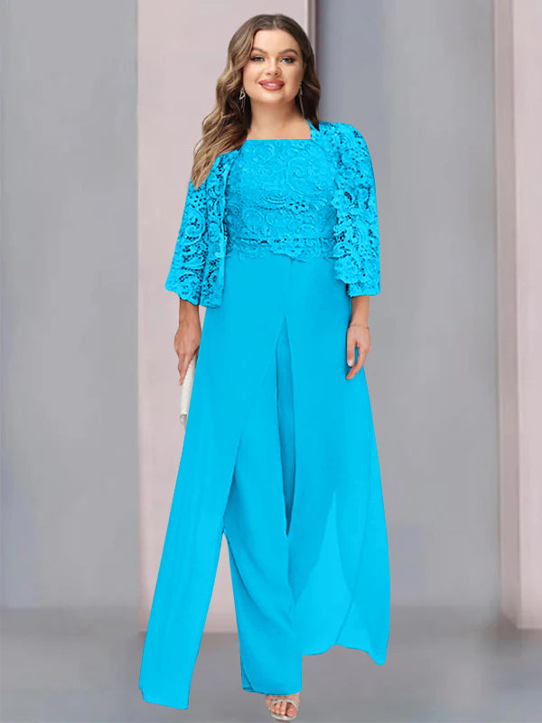 Plus Size Floor-Length Chiffon Pantsuit for the Mother of the Bride with Square Neck and Side Split-LLELLA
