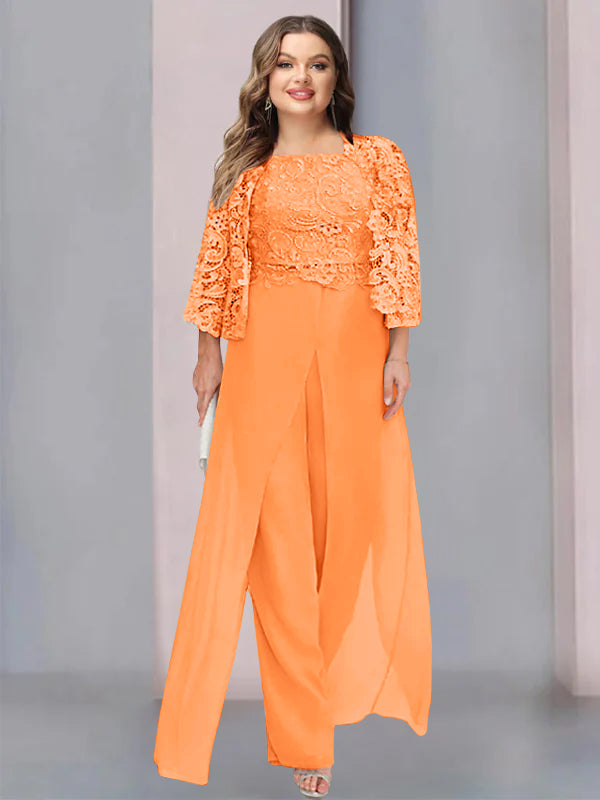 Plus Size Floor-Length Chiffon Pantsuit for the Mother of the Bride with Square Neck and Side Split-LLELLA