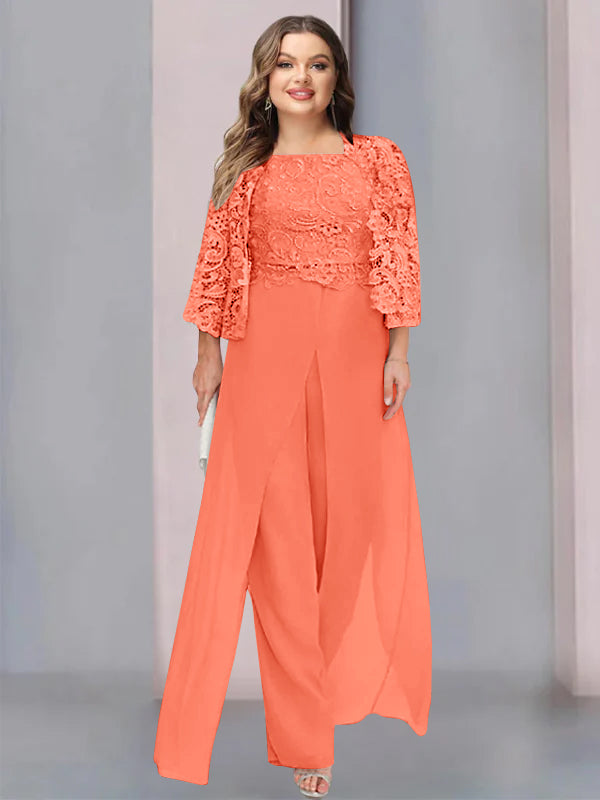 Plus Size Floor-Length Chiffon Pantsuit for the Mother of the Bride with Square Neck and Side Split-LLELLA